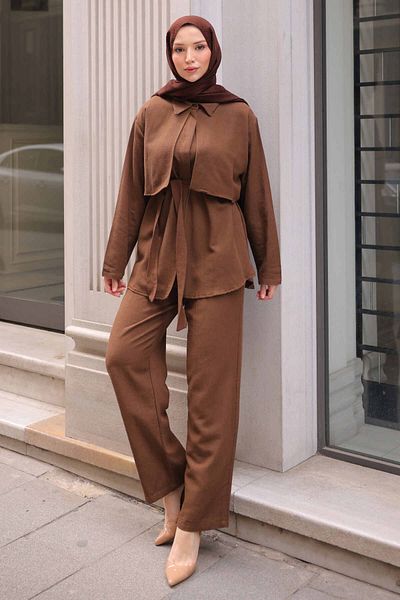 İmajButik Καφέ Κοστούμι πουκάμισο με ζώνη μέσης με παντελόνι