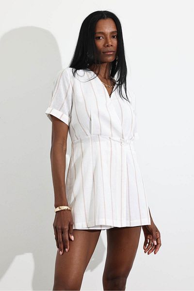 5in1Canpolat White Double Breasted Striped Shorts Jumpsuit