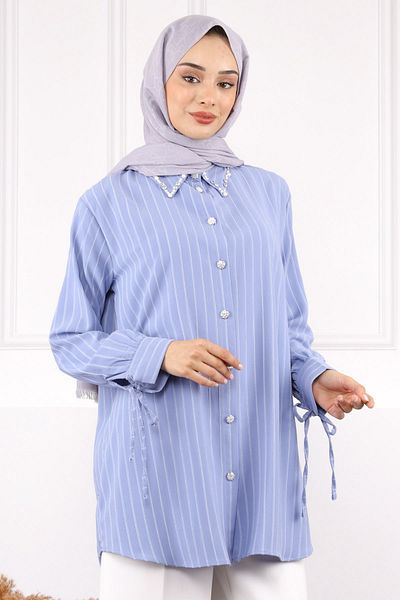 İmajButik Light Blue Sleeve Lace-Up Collar Stone Linda Tunic