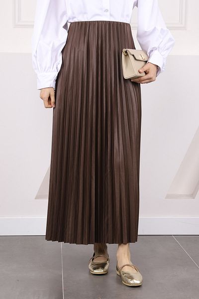 İmajButik Καφέ ελαστική μέση πλισέ φούστα