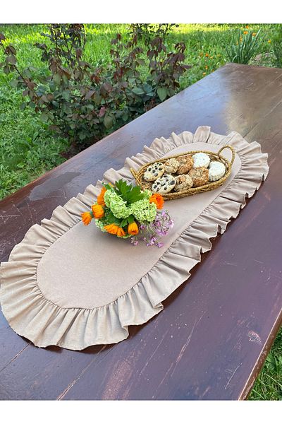 LILYUM Cotton Polyester Ruffled Oval Runner 30X80 cm