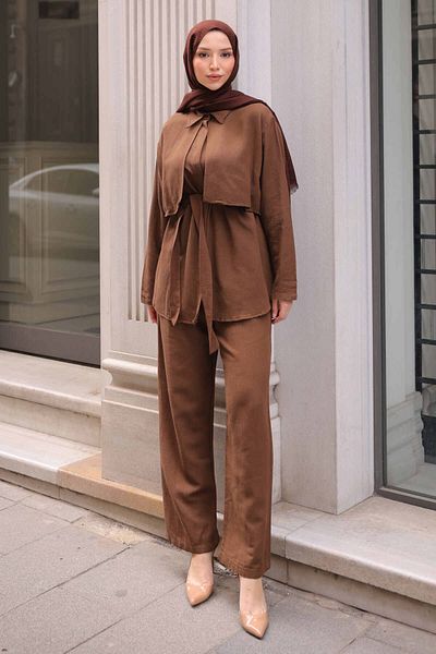 İmajButik Καφέ Κοστούμι πουκάμισο με ζώνη μέσης με παντελόνι