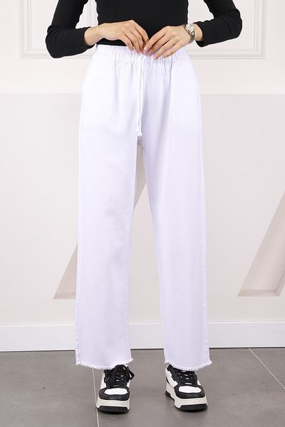İmajButik Pantaloni alb din gabardină cu buzunare cu talie elastică
