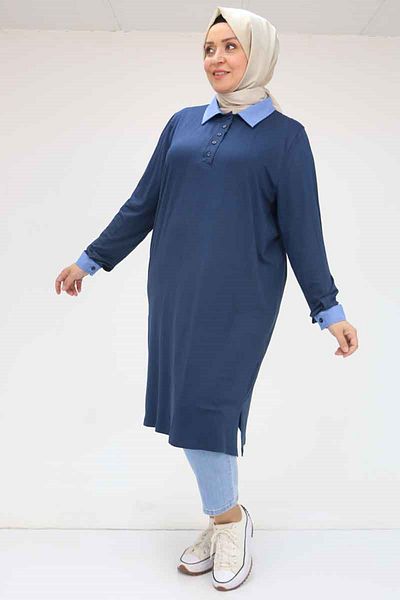 Eslina 58036 تونيك قطني ممشط مقاس كبير مع طية صدر السترة وأكمام - أزرق داكن
