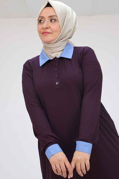 Eslina 58036 Large Size Combed Cotton Tunic with Collar and Sleeve Combination - Purple