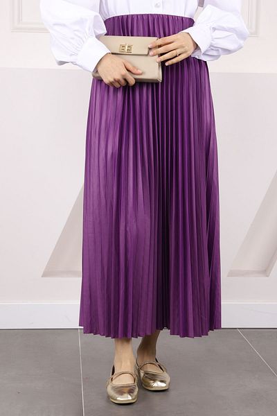 İmajButik Μωβ ελαστική μέση πλισέ φούστα