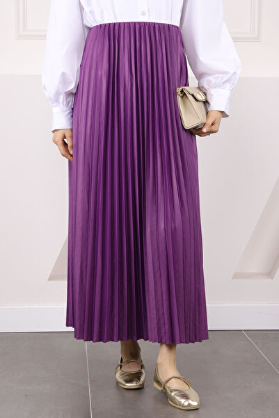 İmajButik Purple Elastic Waist Pleated Skirt