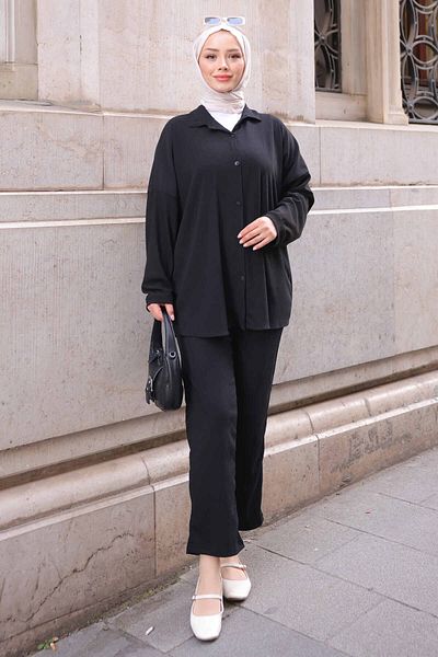 İmajButik Black Wrinkled Shirt Pants Set
