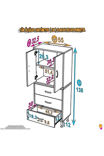 Modilayn İLKİM 55 x 138 x 32,5 cm' lik Kapak İçi Çift Raflı ve 3 Çekmeceli Düzen Harikası Dolap
