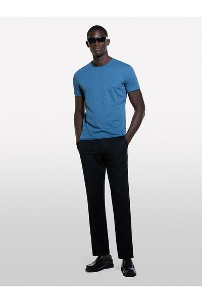 Sisley Erk_100% βαμβακερό μπλουζάκι με λαιμόκοψη Slim Fit Slub Ανδρικό μπλουζάκι Petrol Blue - 324a3wf0s101k