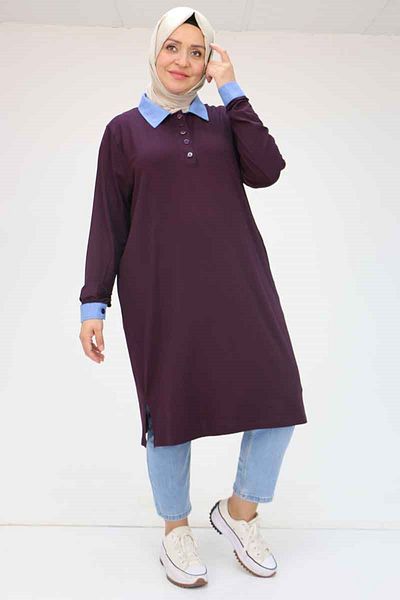 Eslina 58036 Large Size Combed Cotton Tunic with Collar and Sleeve Combination - Purple