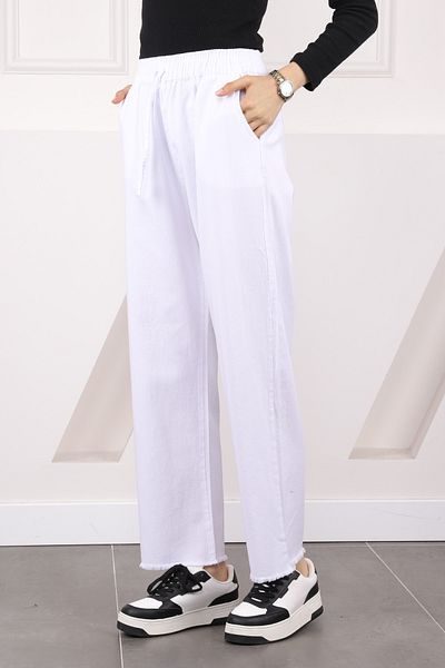 İmajButik Pantaloni alb din gabardină cu buzunare cu talie elastică