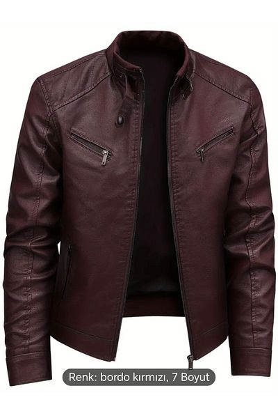 NYC GİYİM TEKSTİL Trikolu Hakim Yaka Genuine Leather Burgundy Sports Jacket