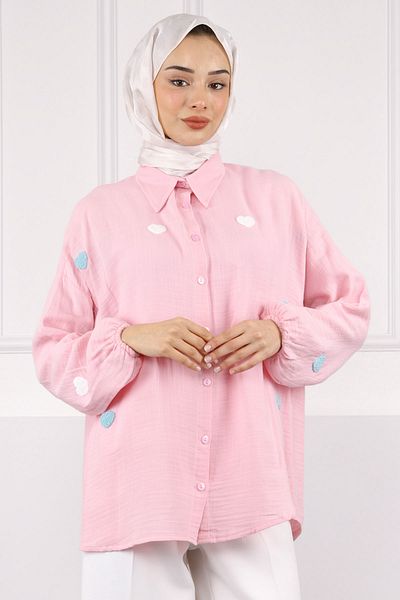 İmajButik Πουκάμισο από λινό ροζ καρδιά