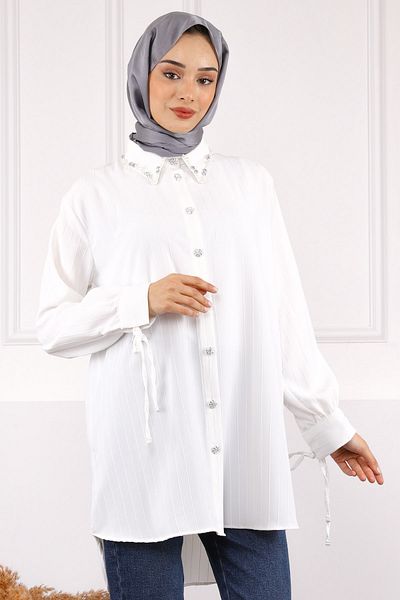 İmajButik Εκρού Λαβή Lace Up Collar Stone Linda Tunic