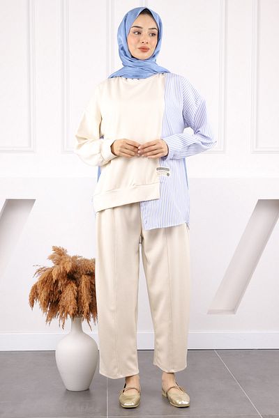 İmajButik Μπεζ πουκάμισο Garnished Modal Tunic Παντελόνι