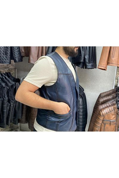 NYC GİYİM TEKSTİL Genuine Leather Navy Blue Color Vest Slim Fit Cut