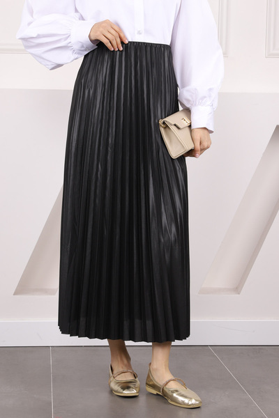 İmajButik Μαύρη ελαστική μέση πλισέ φούστα