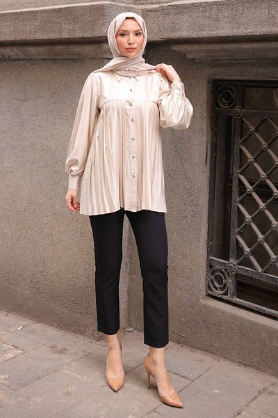 İmajButik Stone Skirt Pleated Satin Tunic
