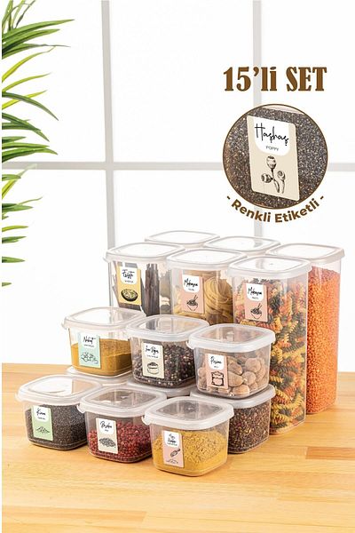 Vienev 15-Piece Peggy Square Food Storage Container with Colored Labels 9x (0.55 Liters) - 6x (1.75 Liters) White