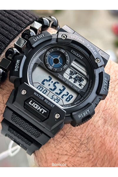 Cockpit Black Color Silicone Cord, Illuminated, Digital Sports Men's Wristwatch Bracelet Suitable for Pool and Sea Use