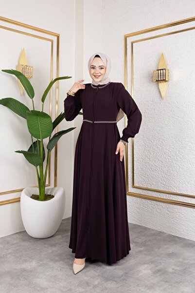 Nevayla Moda Collar and Waist Embroidery Detailed Ferace - Plum / F0143