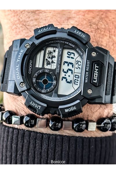 Cockpit Black Color Silicone Cord, Illuminated, Digital Sports Men's Wristwatch Bracelet Suitable for Pool and Sea Use