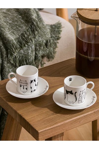 LC Waikiki Black Cat Printed Porcelain Coffee Cup Set for 2 People