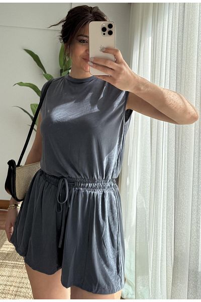 Daves Modal Shorts Jumpsuit with Back Detail and Elastic Waist - Anthracite