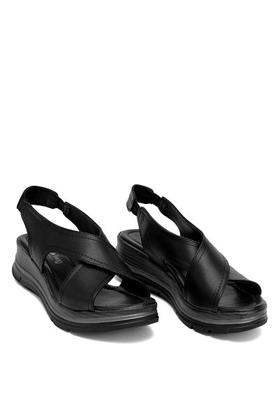 Ayakkabı Fuarı Elit Koc25-62 Women's Genuine Leather Wedge Heel Sandals Black