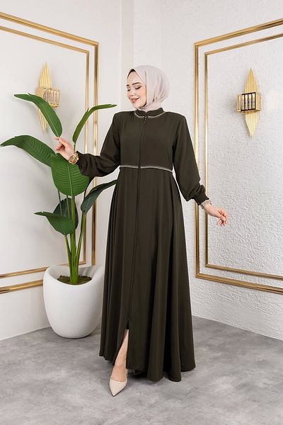 Nevayla Moda Λεπτομερές κέντημα με γιακά και μέση Ferace - Khaki / F0143