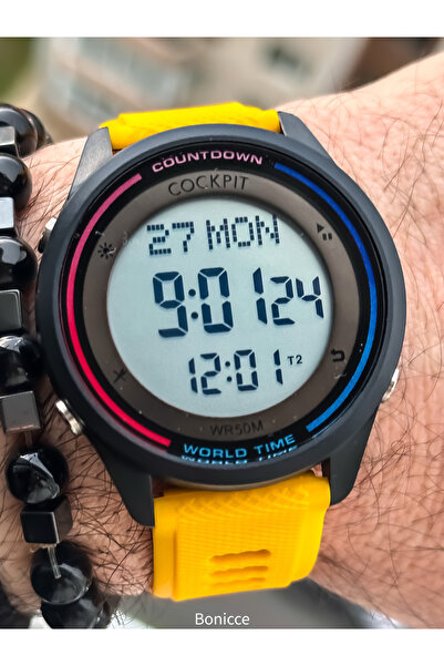 Cockpit Yellow Color Silicone Cord, Illuminated, Digital Sports Men's Wristwatch Bracelet Suitable for Pool and Sea Use