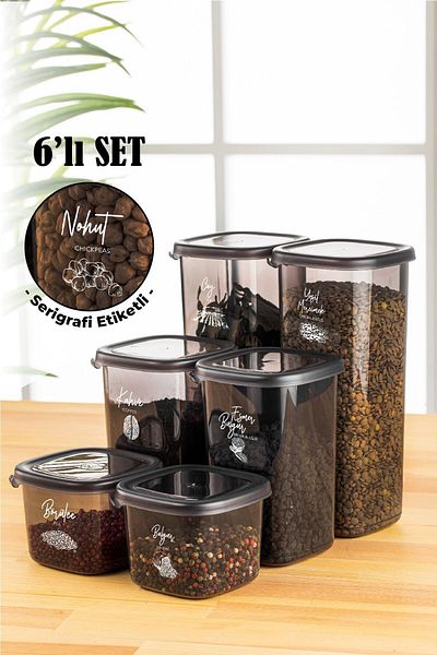 Vienev 6-Piece Peggy Square Storage Container with White Screen Printing Label 2x (0.55 LITER, 1.2 LITER, 1.75 LITER) Anthracite