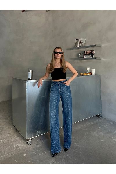 Femistik Pantaloni de damă Palazzo Spreading Stone Lycra Denim