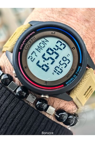 Cockpit Earth Color Silicone Cord, Illuminated, Digital Sports Men's Wristwatch Bracelet Suitable for Pool and Sea Use