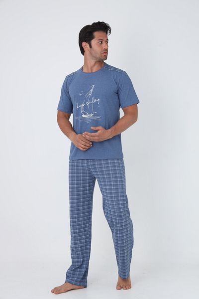 FAMESTEKSTİL Set de pijamale confortabile pentru bărbați, în carouri, 100% bumbac, cu mâneci scurte