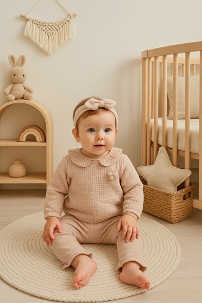 Caramell Kız Bebek Kahve Rengi Müslin Ikili Takım Şık Ve Rahat Bebek Giyim Seti