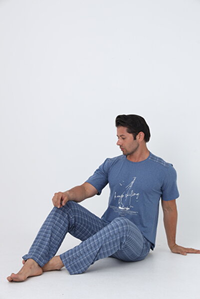 FAMESTEKSTİL Set de pijamale confortabile pentru bărbați, în carouri, 100% bumbac, cu mâneci scurte