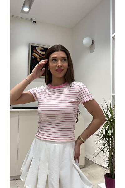 modadagiyim Μπλούζα Lycra με κοντό μανίκι με ριγέ λαιμόκοψη