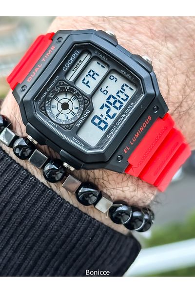 Cockpit Red Color Silicone Cord, Illuminated, Digital Sports Men's Wristwatch Bracelet Suitable for Pool and Sea Use
