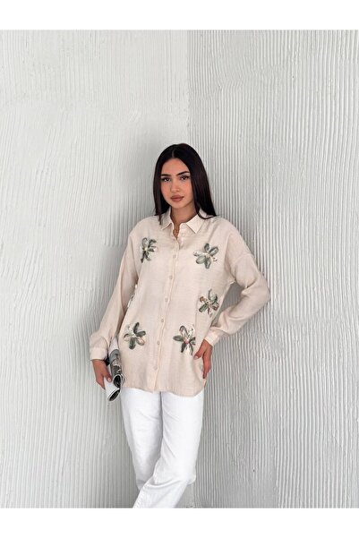 Yeys Keten Airobin Kumaş Çiçek Detaylı Gömlek