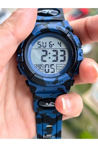 Cockpit Dark Blue Silicone Cord, Illuminated, Digital Boy's Wristwatch Bracelet Suitable for Pool and Sea Use