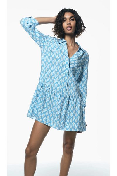 Natavanbutık Blue Color Patterned Short Dress - V Neck