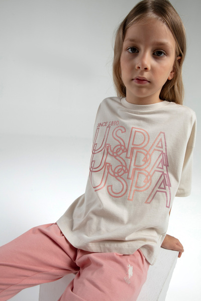 U.S. Polo Assn. Kız Çocuk Kısa Kol Uzun Alt Pijama Takımı- %100 Pamuklu