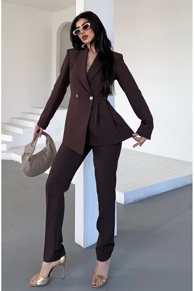 pembekurdelem Women's Pleated Jacket Pantalon Set Brown