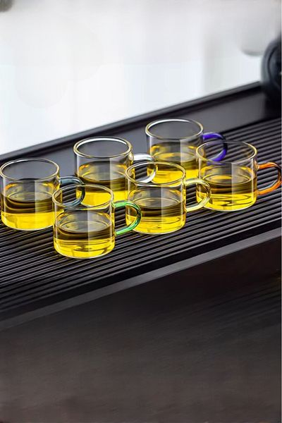 Gülümseten Avm Set of 6 Heat Resistant Glass Turkish Coffee Cups |   Colorful Handle Cup Set