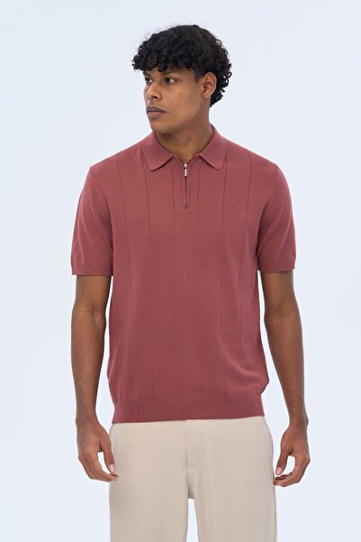 İLKCET MODA Ανδρικό πλεκτό μπλουζάκι με λεπτές ρίγες με φερμουάρ