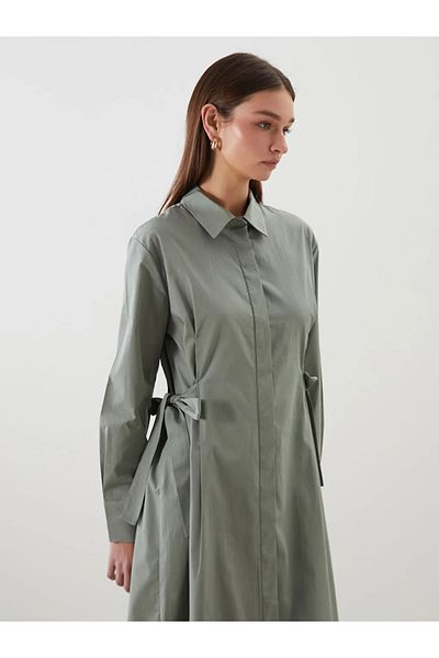 LC Waikiki Lcw Modest Green Tie Waist Poplin Shirt Dress
