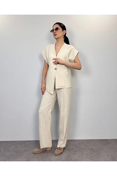DEQ FASHION Beige Off-Shoulder Button Detailed Vest Palazzo Pants Set of Two