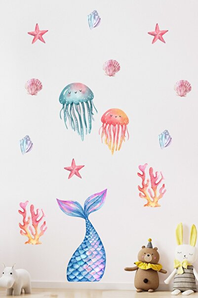 Tasarım Masalsı Deniz Kızı Bebek, Çocuk Odası Duvar Sticker Seti, Cam Sticker